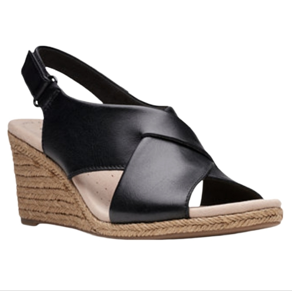 Clarks Collection Lafley Alaine Ortholite Black Leather Wedge Sandal Comfy! New!